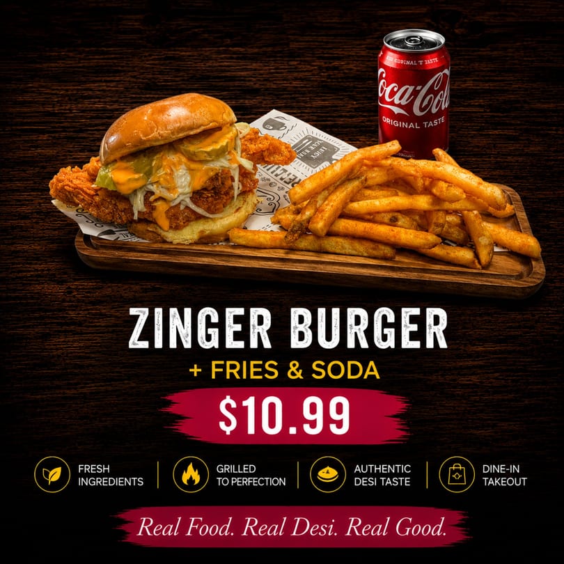 Zinger burger with fries and a Coca-Cola can on a wooden tray, advertising a meal deal.