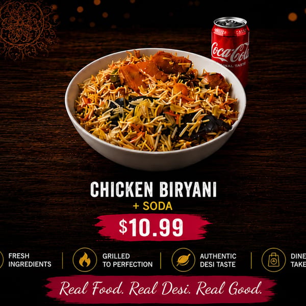Chicken Biryani with rice, vegetables, and chicken in a white bowl, with a Coca-Cola can.