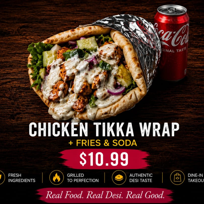 Chicken Tikka Wrap with white sauce, lettuce, cucumbers, and red onions, next to a Coca-Cola can.